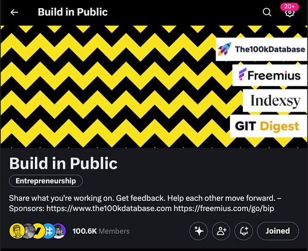 The image features a vibrant header for a community called 'Build in Public' with a zigzag pattern and sponsor logos.