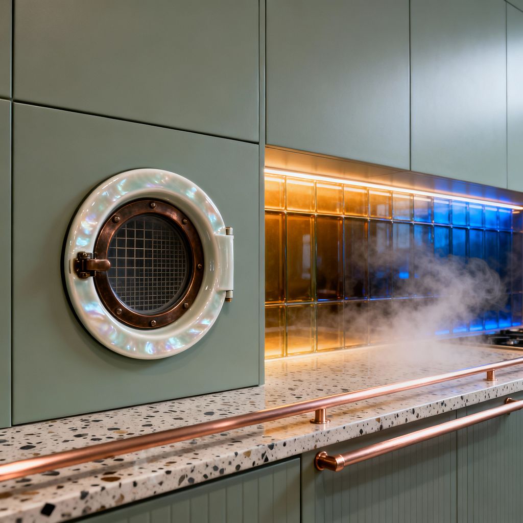 A futuristic laundry space with matte sage green cabinetry features a circular porthole-style washer door framed by an iridescent ring and a bronze latch. A speckled white terrazzo countertop runs above vertical-groove doors with slim copper rail hardware. The backsplash is a grid of backlit glass tiles transitioning from amber to cobalt blue, highlighted by a warm LED strip, with a wisp of steam visible on the right.