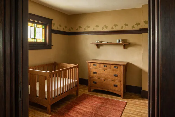 A cozy Craftsman-style nursery with a wooden crib on the left, a matching dresser on the right, and a small wall shelf above it. The room features beige walls with a ginkgo leaf border near the ceiling, dark wood trim, a stained glass window, and a red rug over warm wood floors.