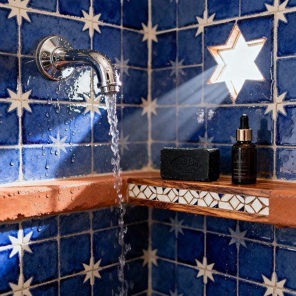 Close-up of a Moroccan-style shower corner clad in deep blue zellige tiles with small white eight-point stars. A chrome wall-mounted spout runs above a terracotta shelf edged with carved wood and a white geometric mosaic, holding a black soap bar and an amber glass dropper bottle; a star-shaped cutout window lets sunlight stream through the wall, casting rays and reflections on the wet, glossy tile surface.