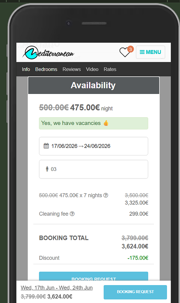 The image displays a mobile interface for booking accommodations at a Mediterranean villa.