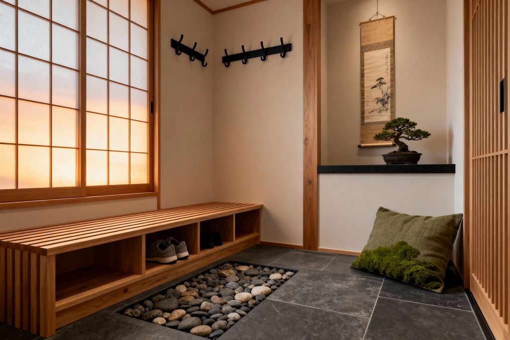 A minimalist Japanese-style mudroom featuring a slatted wooden bench with open shoe cubbies sits beside a large shoji window glowing with warm light. Dark gray stone tiles surround a recessed bed of smooth river pebbles, while black metal wall hooks, a tokonoma niche with a floating dark shelf displaying a bonsai and hanging scroll, a vertical wood-slat screen door, and a moss-green floor cushion complete the calm, orderly space.