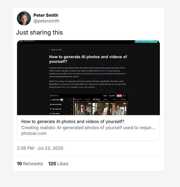 A Twitter post by Peter Smith sharing information about generating AI photos and videos.