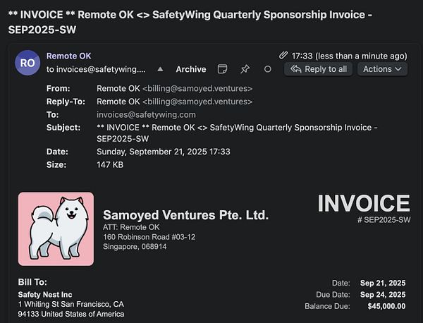 The image displays an email interface containing an invoice for a sponsorship agreement.