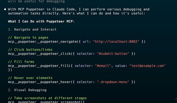 The image displays a code snippet demonstrating the use of MCP Puppeteer in Claude Code for debugging and automation tasks.