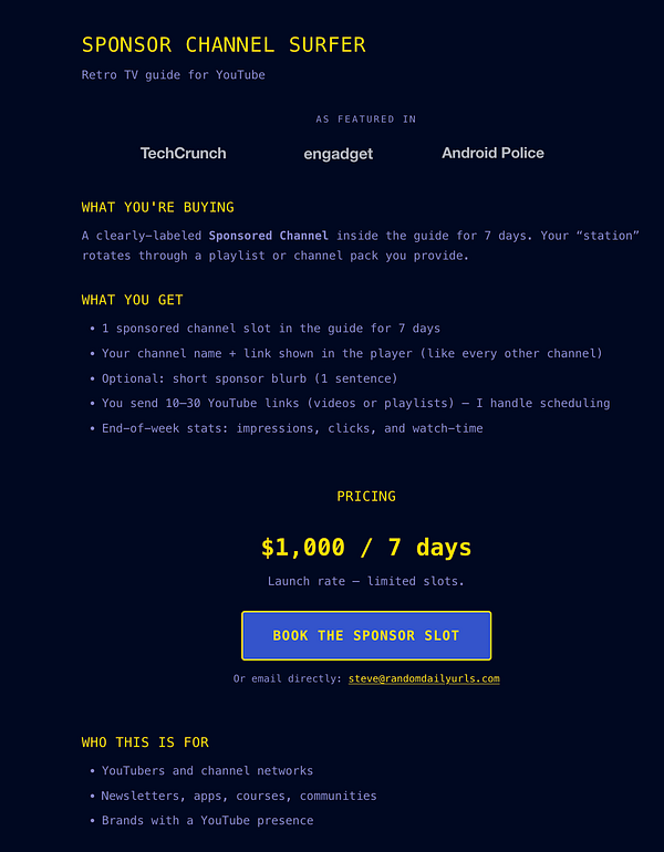 Infographic showing details and pricing options for a one-week sponsorship package for Channel Surfer including benefits and support.