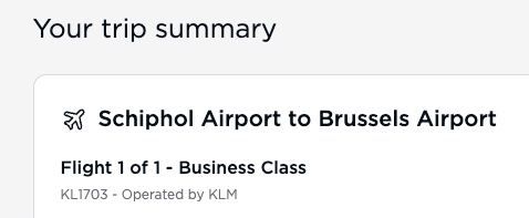 Trip summary for a flight from Schiphol Airport to Brussels Airport.