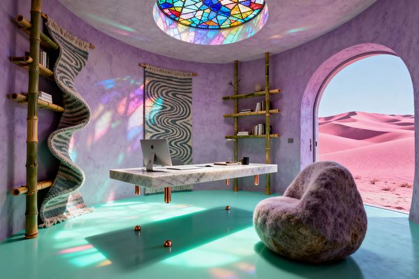 Circular lavender-walled home office with a stained-glass skylight casting multicolored reflections onto a glossy turquoise floor. A slab-like white marble desk appears to hover on short copper legs above copper spheres. Bamboo shelves and a ladder hold books beside teal-and-cream wavy textiles, one folding into a dramatic ripple. A fuzzy, stone-shaped lounge chair sits near an arched doorway that opens directly to bright pink desert sand dunes under a clear sky.