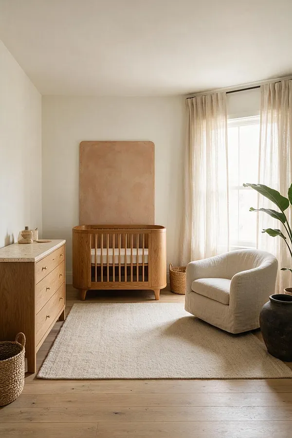 A serene nursery in soft neutral tones features a wooden crib centered against a pale wall, a cream upholstered chair by a sunlit window with sheer curtains, and a light oak dresser with a stone top. A textured area rug, woven baskets, and a large dark planter add organic warmth and balance.