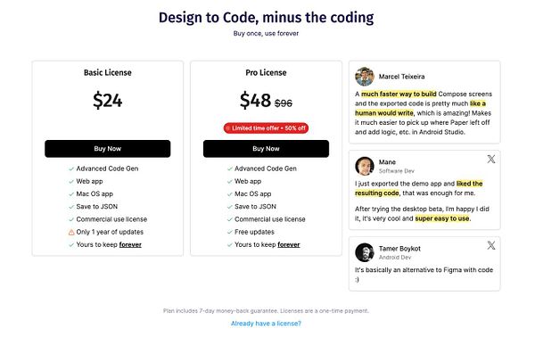 The image displays a pricing comparison for software licenses alongside user testimonials.