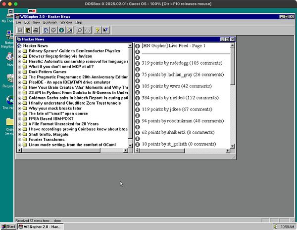 The image displays a retro computing interface running WSgopher 2.0 on Windows 95, showcasing Hacker News articles.