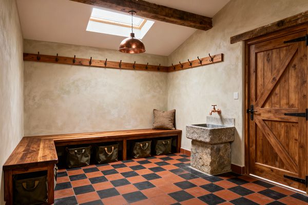 Rustic mudroom with an L-shaped wood bench, canvas bins below, and a continuous peg rail with dark hooks above. Creamy limewashed walls meet a terracotta-and-charcoal checkerboard floor, a rough-hewn stone utility sink with a copper tap, and a barn-style wood door with black iron hardware; overhead, a copper pendant hangs near a skylight, filling the room with warm natural light.