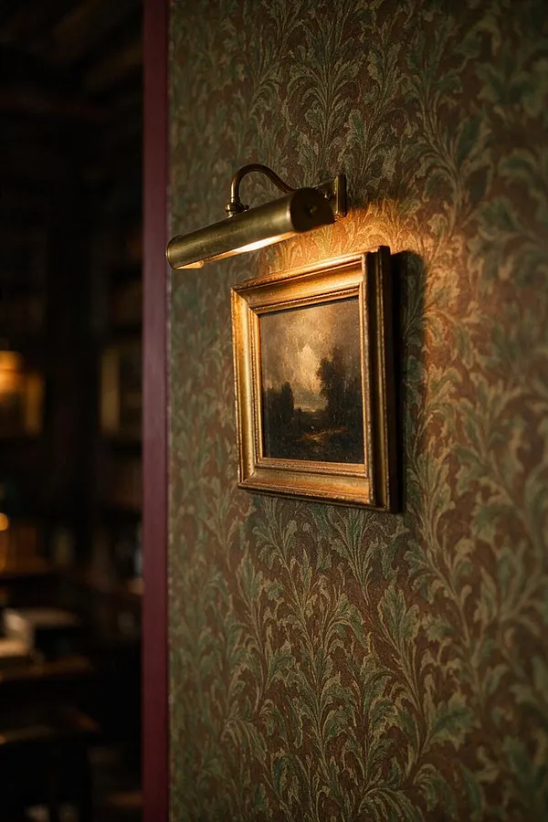 A dimly lit dark academia wall detail with green and brown botanical-patterned wallpaper, a small gold-framed painting, and an antique brass picture light mounted above it. The warm light creates a moody glow, while a dark blurred background adds depth and a library-like atmosphere.