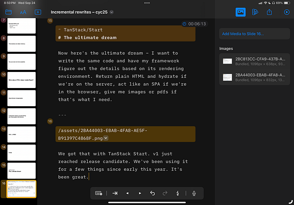 The image displays a presentation slide discussing the TanStack framework and its features.