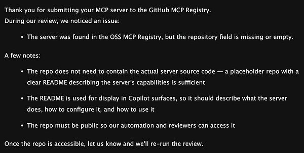 Notification message about an issue with a GitHub MCP server submission related to a missing or empty repository field.