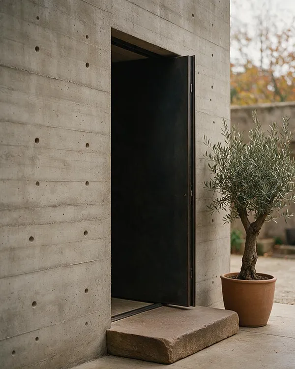 A Brutalist exterior entrance with a tall board-formed concrete wall punctuated by small round holes, a matte black door set into a deep opening, and a rough stone step leading inside. A terracotta pot with an olive tree softens the severe architecture beside the doorway.