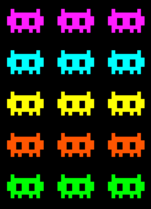 A grid of colorful pixelated alien and spaceship designs.