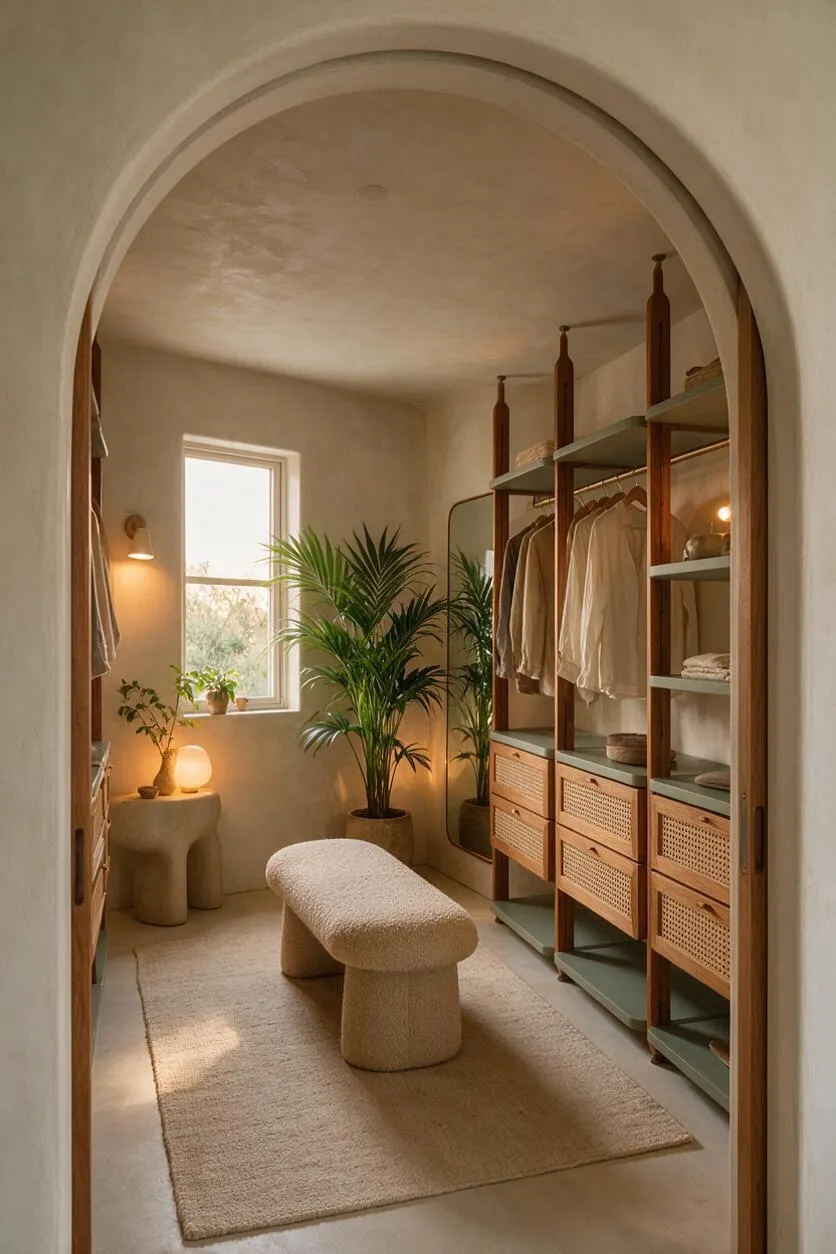 A serene closet with an arched entry, warm plaster walls, and open wooden shelving with woven rattan drawers. Potted palms and soft daylight from a small window create a calming biophilic atmosphere, while a textured bench and neutral rug add comfort.