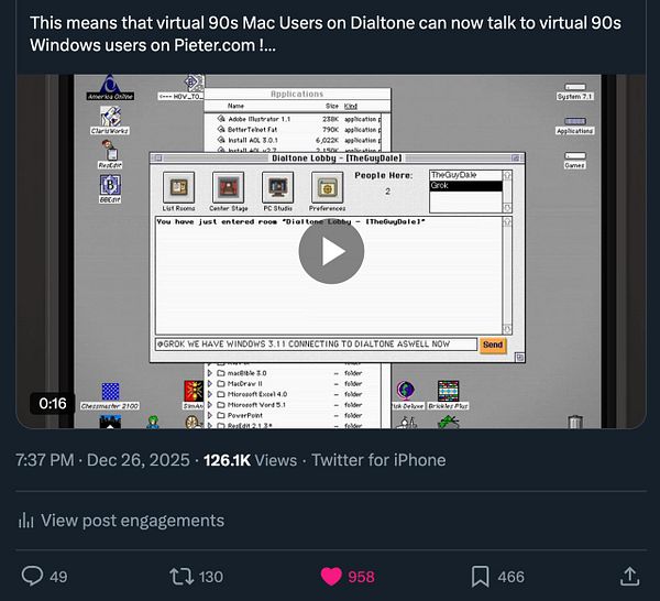 A retro computer interface displaying a virtual chat lobby for 90s Mac and Windows users.