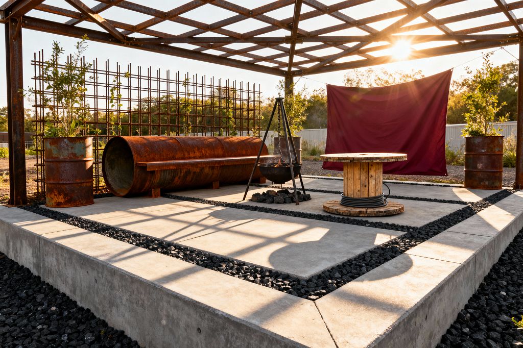 An outdoor industrial-style patio built from salvaged materials features a rusted steel lattice pergola casting geometric shadows over raised concrete pads divided by bands of black gravel. A cylindrical steel pipe is repurposed as a bench beside rusted barrel planters and a rebar trellis with young greenery. At center, a tripod-hung fire bowl sits over dark stones near a wooden cable-spool table, with a burgundy fabric panel providing a sunshade backdrop in warm evening light.