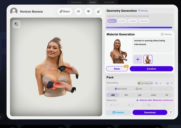 The image displays a 3D modeling interface featuring a woman in an evening dress being generated.