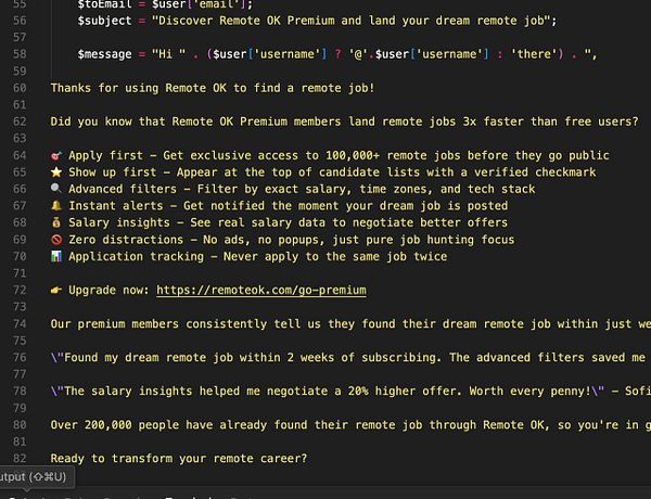 The image displays a code snippet and promotional text for Remote OK's premium membership benefits.