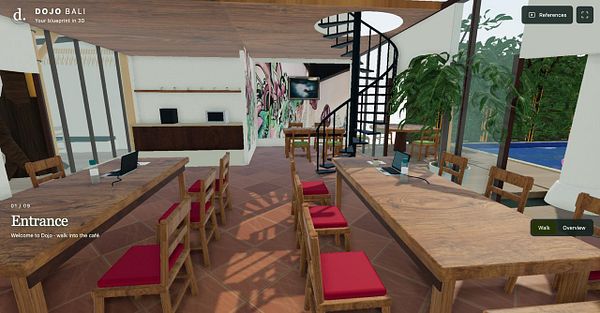 3D rendered interior of a modern co-working café space with wooden tables, red cushioned chairs, a spiral staircase, and a view of a pool area outside large glass windows.