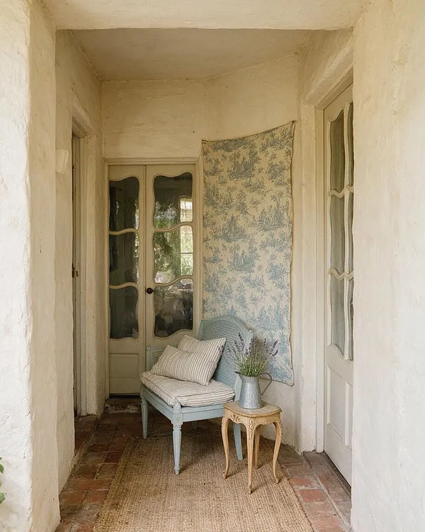 A narrow French Country front porch with textured cream stucco walls, aged brick flooring, and distressed painted wood doors. A pale blue upholstered bench with striped cushions sits beside a small carved wooden side table holding a metal pitcher of lavender, with a blue-and-white toile textile hanging on the wall.