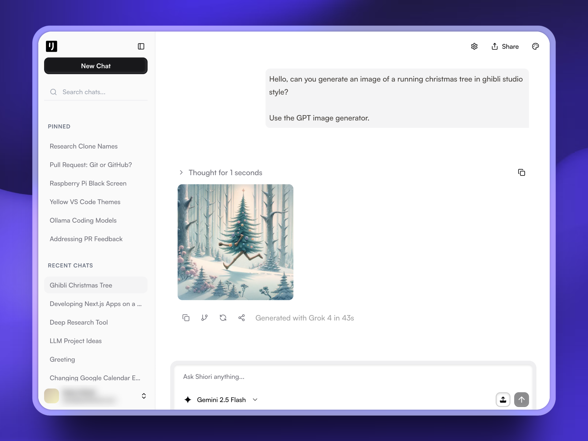 Shiori: Faster than ChatGPT — 15+ LLMs, image/video gen,