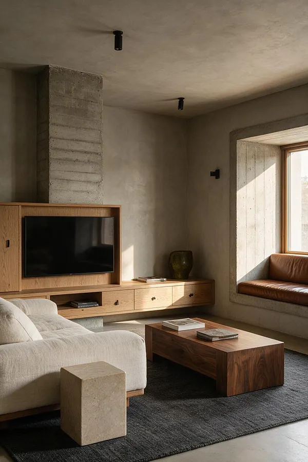 A living room with Brutalist-inspired design features exposed concrete walls and ceiling, a built-in concrete column, and warm wood furniture. A low cream sofa, walnut coffee table, and wood TV unit sit on a dark rug beside a sunlit window seat with brown leather upholstery.