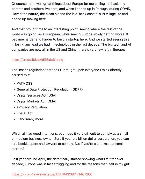 The image features a list of EU regulations impacting startups, alongside a personal narrative about living in Europe.