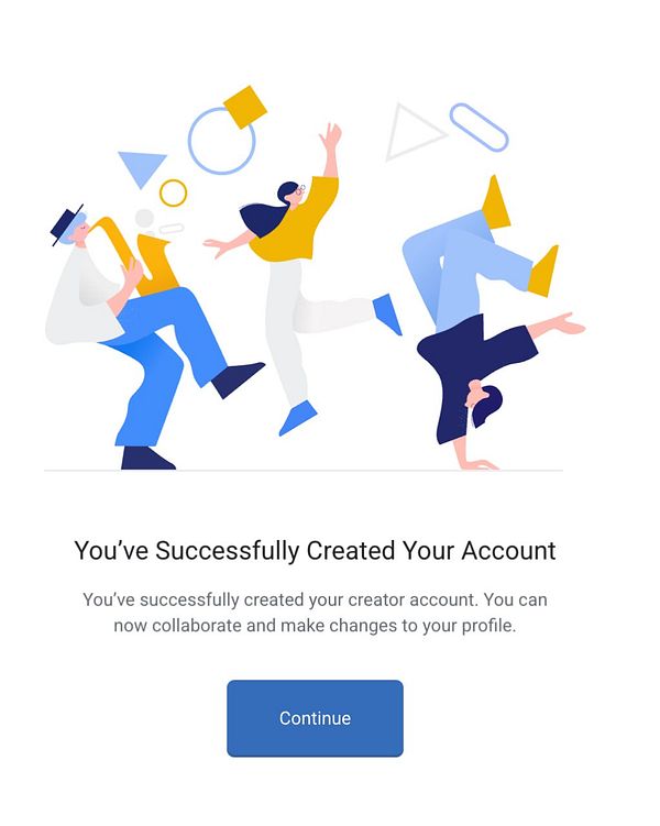 Screenshot of an Instagram account creation success message with congratulatory text and UI elements.