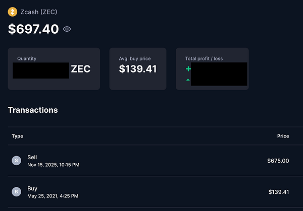 The image displays a cryptocurrency trading interface for Zcash (ZEC) with transaction details.