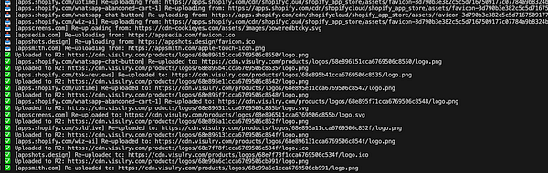 The image displays a terminal window showing the upload process of various product logos to a cloud storage service.
