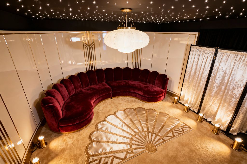 A glamorous media room features a curved, scalloped-back sectional sofa in deep burgundy velvet on a pale, plush carpet with a fan motif in satin inlay. Glossy ivory wall panels with gold Art Deco lines wrap the room. A large white frosted-glass pendant hangs beneath a star-like ceiling, while brass floor uplights illuminate the walls. A white damask folding screen stands to the side before black drapery.