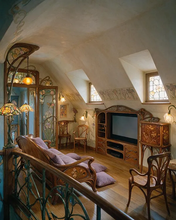 An attic media room with a sloped ceiling, stained-glass windows, and elaborate Art Nouveau woodwork. A carved wooden entertainment cabinet holds a large TV, while a curving settee, upholstered cushions, and floral lamps create a warm, artistic atmosphere.