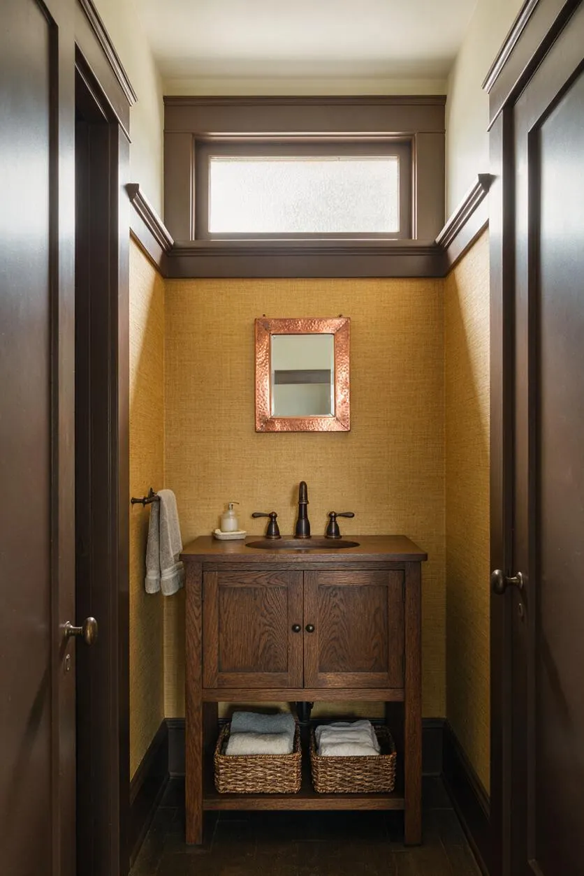 A narrow Craftsman-style powder room with dark wood trim and doors framing a compact oak vanity. The space features golden textured walls, a copper-framed mirror, dark bronze faucet fixtures, woven storage baskets below, and soft natural light from a high frosted window.