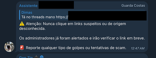 A chat interface displaying a warning about suspicious links in Brazilian Portuguese.