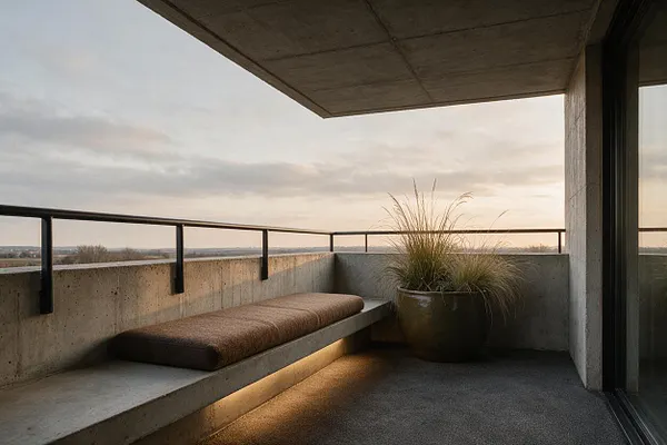 A Brutalist-style balcony with raw concrete walls and ceiling, a built-in concrete bench with a brown cushion, black metal railings, and a large planter with ornamental grass. Soft warm lighting glows beneath the seat while a cloudy sunset sky opens the space to the view beyond.