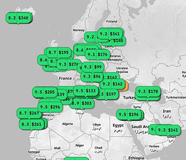 A map visualization of Europe showing hotel availability filtered evenly across the region with a SQL grid bucket approach.