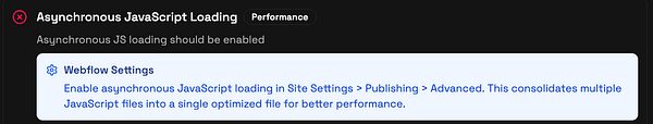 The image displays a notification regarding asynchronous JavaScript loading settings in Webflow.
