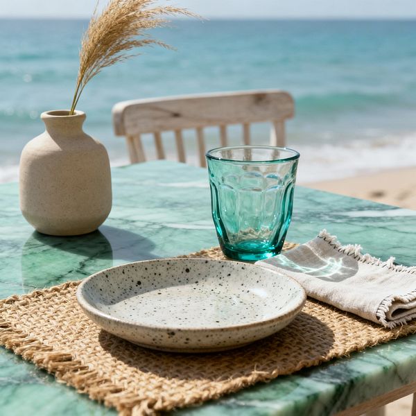 Close-up of a coastal dining setup on a polished green marble table overlooking the beach. A woven jute placemat holds a speckled stoneware plate beside an aqua glass tumbler and a fringed beige linen napkin. A small sand-colored ceramic vase with a single dried pampas stem adds height, while a light, weathered wood chair and blue-green ocean waves create a bright, breezy backdrop with sunlight reflecting across the surfaces.