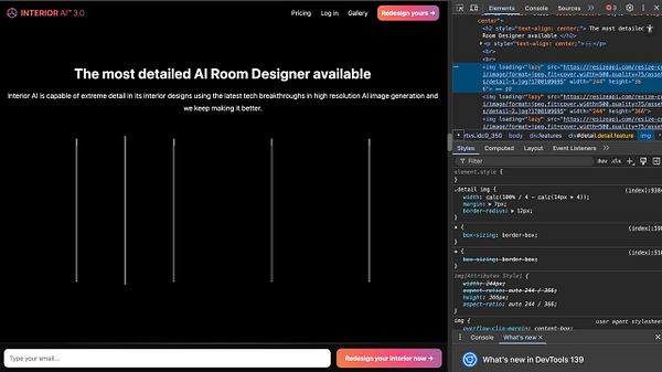 The image displays a broken landing page for an AI room design tool, with missing images and a developer console open on the right.