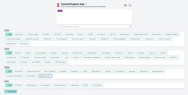 The image displays a user interface for a Canned Support App designed for customer support professionals.