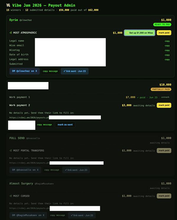 Screenshot of a Wise payment automation settings page showing prize winners with details and payment status.