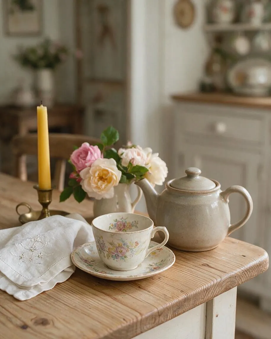 A cozy cottagecore tea setting on a wooden table with a floral teacup and saucer, a ceramic teapot, a brass candlestick with a yellow taper, and a white embroidered cloth. Soft pink and cream flowers in a small vase add a romantic touch, with a blurred farmhouse-style kitchen in the background.