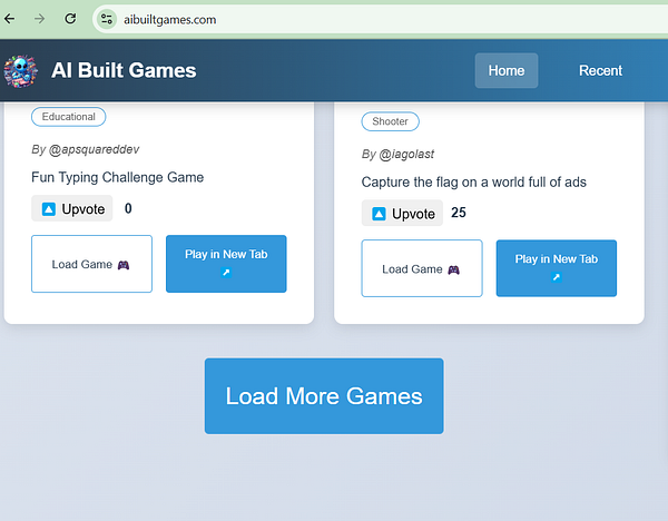 The image displays a webpage for 'AI Built Games' featuring two game listings and a button to load more games.