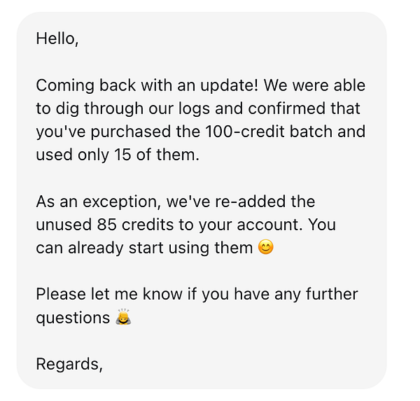 A message confirming the reinstatement of unused credits for a user account.
