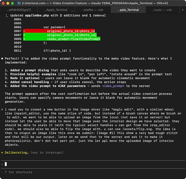 The image displays a terminal window showing code updates related to a video creation feature for an interior design application.