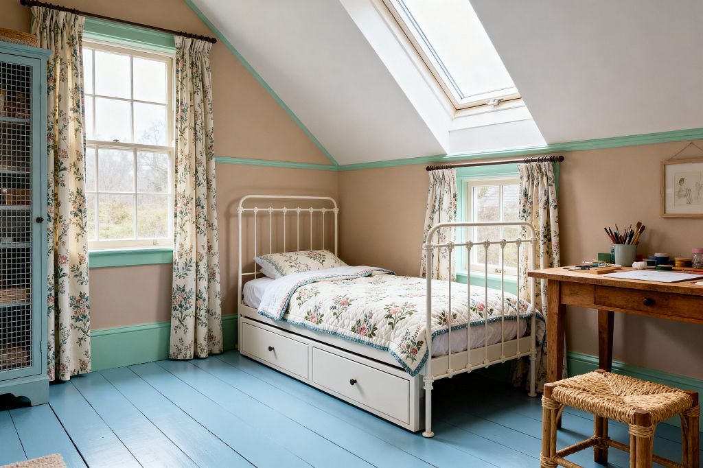 A cozy kids' bedroom with a sloped ceiling and skylight features a white iron twin bed with storage drawers, set on sky-blue painted floorboards against taupe walls with mint-green trim. Cream floral curtains match a quilt in pink and green, while a rustic wooden desk with art supplies and a rush-seat stool sits to the right and a light blue cabinet with wire-mesh doors stands to the left, all lit by two windows with soft daylight.